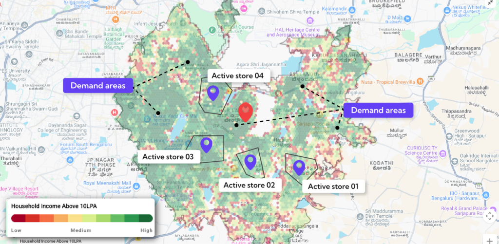 Total addressable market, mapped with active stores to identify whitespace