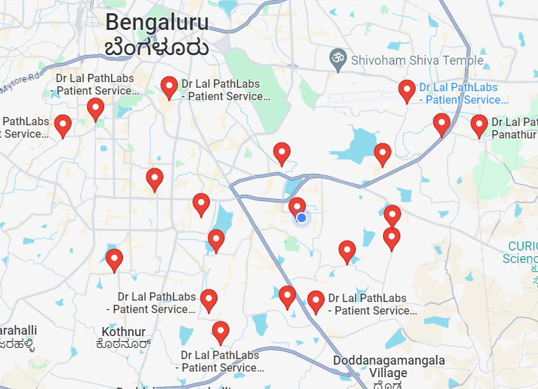 Locations of Dr. Lal Pathlabs diagnostic centers in Bangalore. 