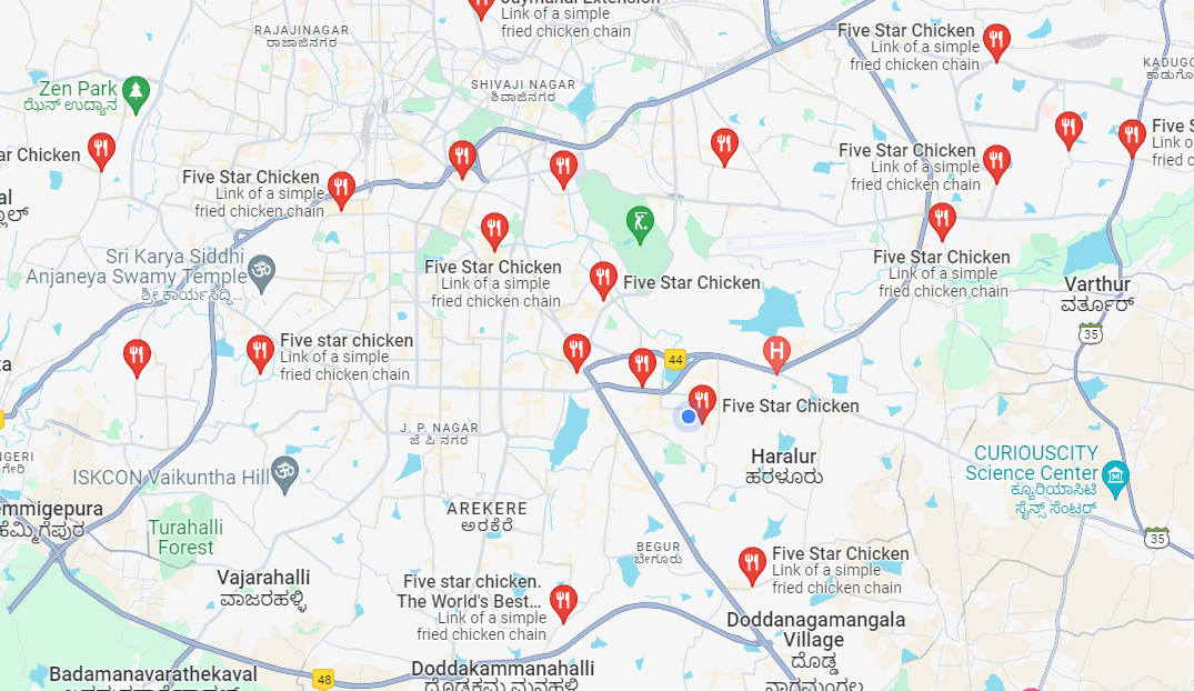 Location of Five Star Chicken franchises in Bangalore 