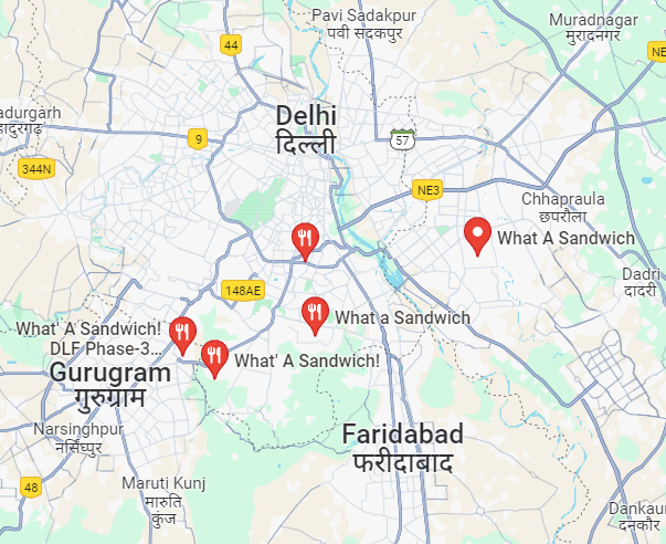 Franchise locations of What a Sandwich stores in Delhi